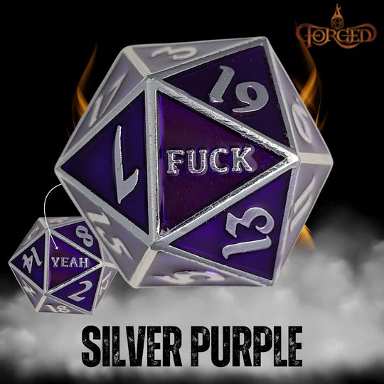 Fuck Yeah D20 Metal RPG Dice (Silver Purple)