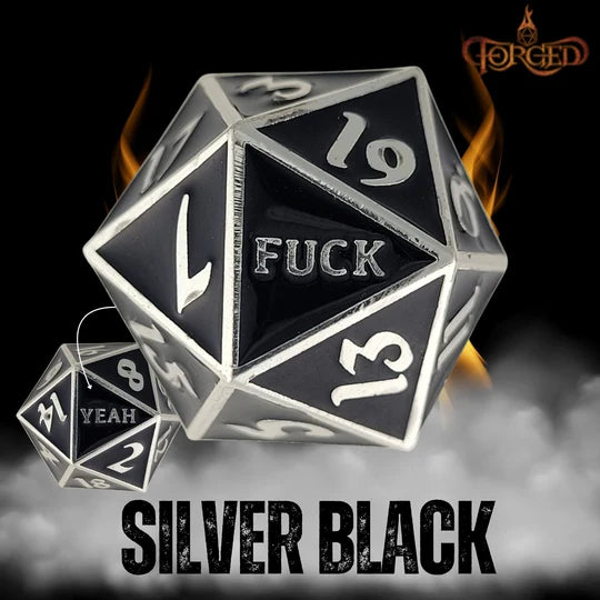 Fuck Yeah D20 Metal RPG Dice (Silver Black)