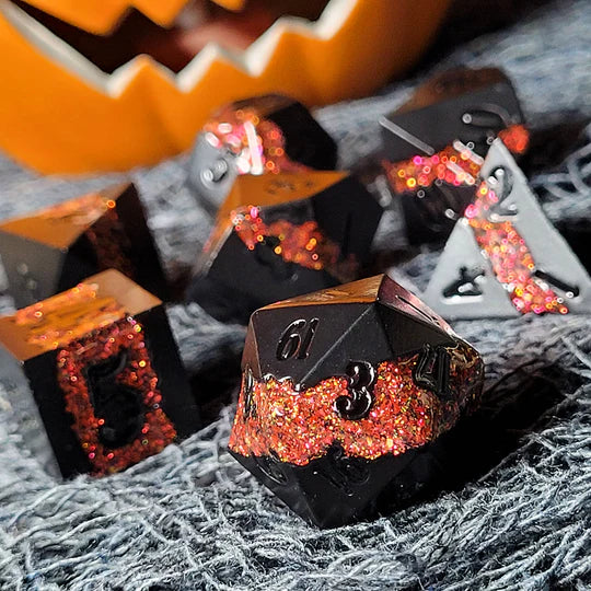 Galactic Flow Black Orange 7-Piece Metal Dice Set