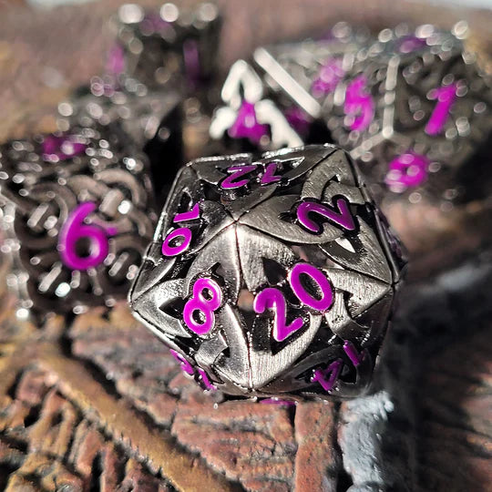 Sacred Hollows Silver Purple Hollow Metal RPG Dice Set