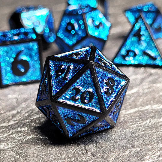 Guardian Matte Black Blue Glitter Metal RPG Dice Set of 7