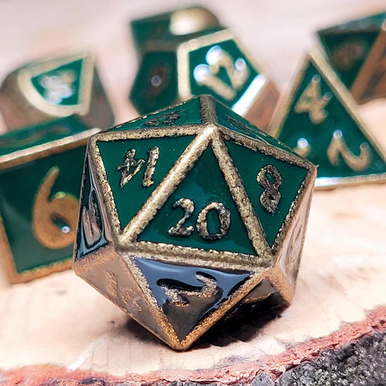 Guardian Antiqued Gold Green Metal RPG Dice Set of 7