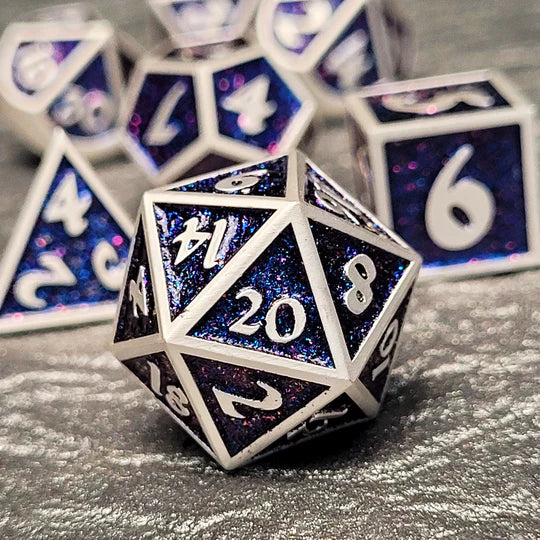 Guardian Pearl Blue Glitter Metal RPG Dice Set of 7