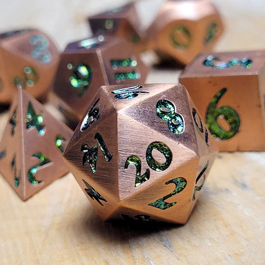 Forged Signature Brushed Copper with Green Glitter Metal RPG Dice Set of 7