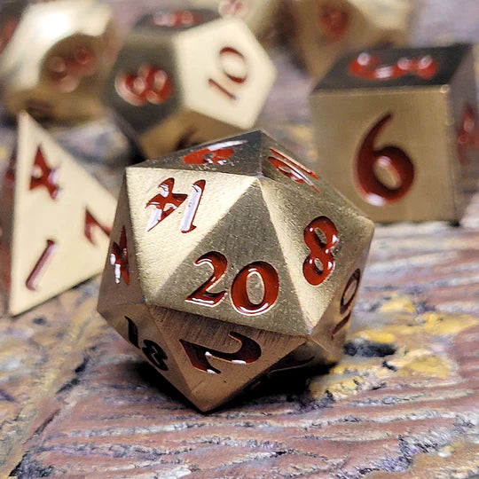 Forged Signature Brushed Brass Red Metal RPG Dice Set of 7