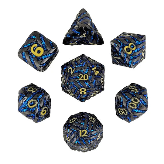 Cosmic Energy Gunmetal Blue with Gold Numbers Metal RPG Dice Set of 7