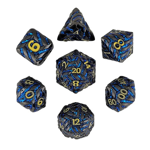Cosmic Energy Gunmetal Blue with Gold Numbers Metal RPG Dice Set of 7