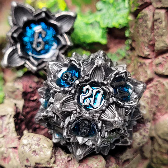 Gothic Bouquet Gunmetal Blue Metal RPG Dice Set of 7