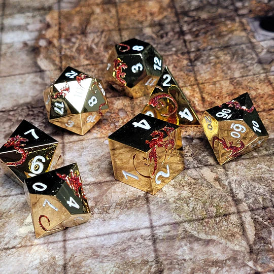 Dragons Flight Polished Gold Red Metal RPG Dice Set of 7