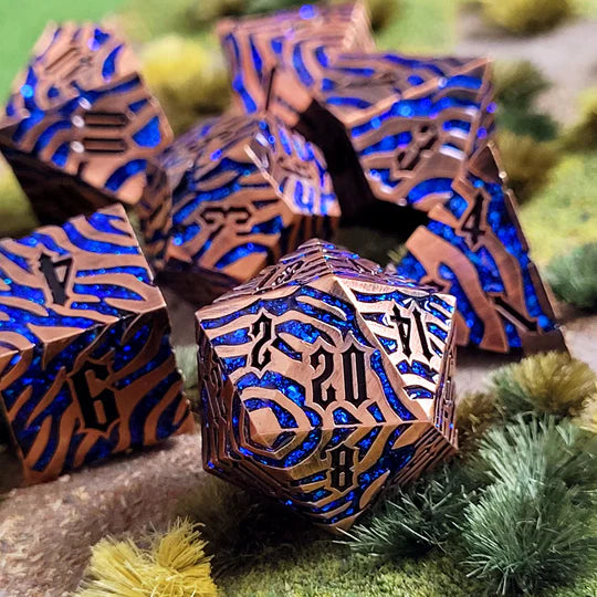 Tiger Stripe Copper Blue Glitter Metal RPG Dice Set of 7