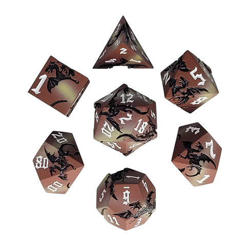Dragon Attack Brown Black Metal RPG Dice Set of 7