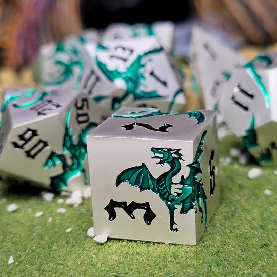 Dragon Attack Silver Green Metal RPG Dice Set of 7