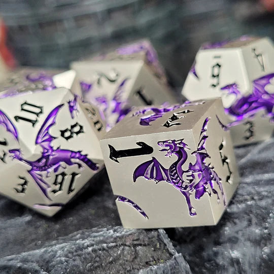 Dragon Attack Silver Purple Metal RPG Dice Set of 7