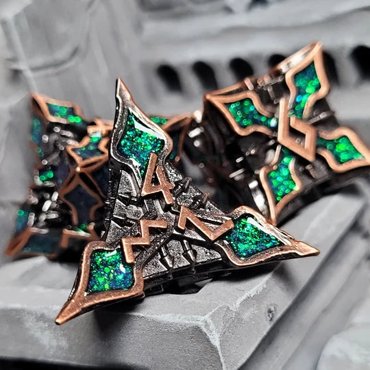 Gothic Knight Copper Green Metal RPG Dice Set of 7