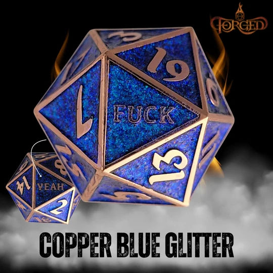Fuck Yeah D20 Metal Dice - Silver Blue Gliter