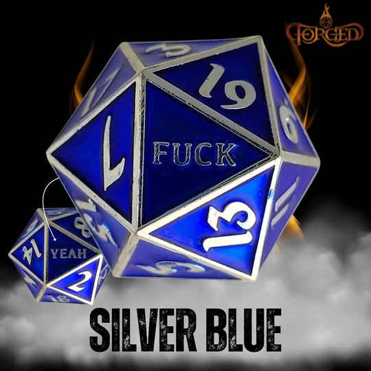 Fuck Yeah D20 Metal RPG Dice (Silver Blue)