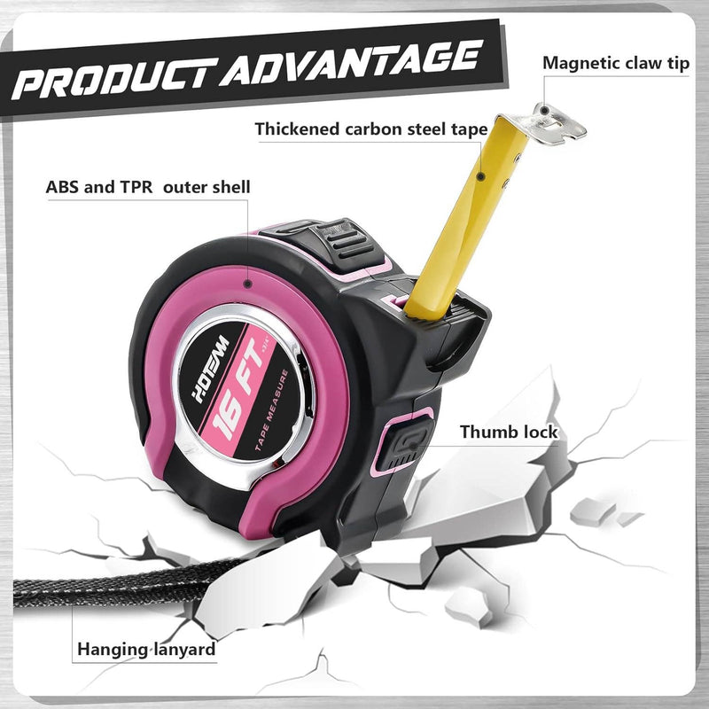 16ft Pink Measuring Tape with Fractions – Easy Read