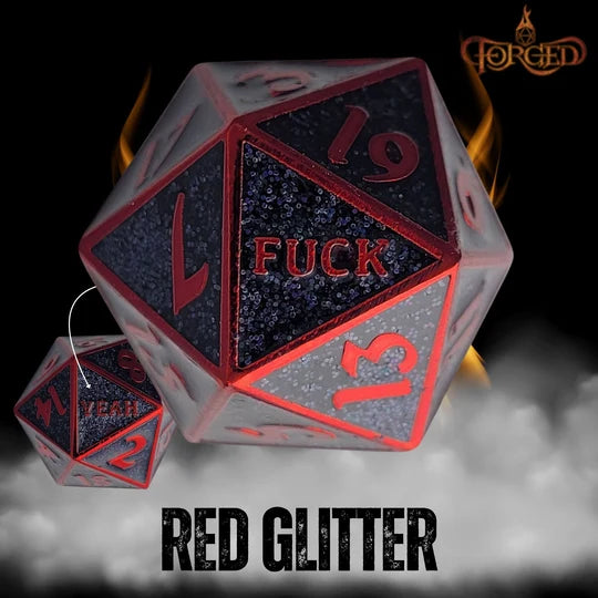 Fuck Yeah D20 Metal RPG Dice (Red Glitter)