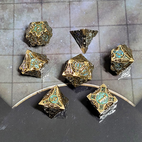 Arcane Enigma Ancient Bronze Blue Metal RPG Dice Set