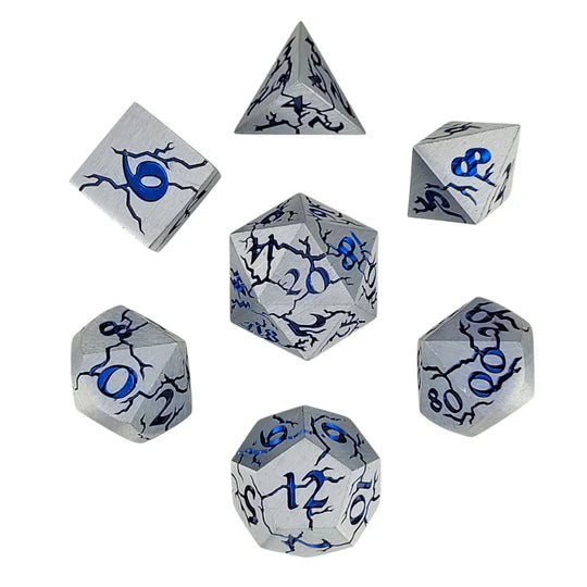 Cracked Brushed Steel with Blue Foil Set of 7 Metal Dice Set