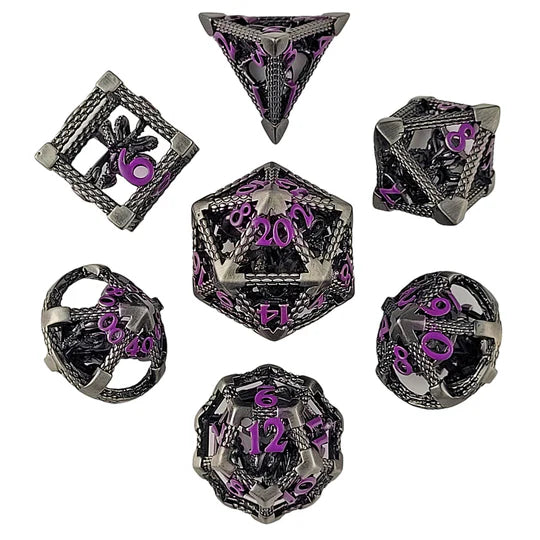 Deep Dreamer Silver Purple Hollow Metal RPG Dice Set