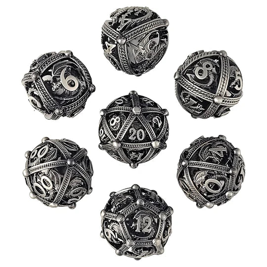 Dragons Bauble Antique Silver Hollow Metal RPG Dice Set