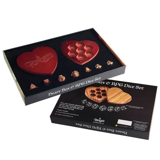 Fortunate Heart Set of 7 Heart-Shaped Metal RPG Dice and Heart Dice Bo