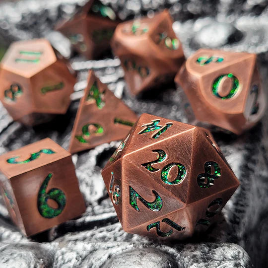 Forged Lore Antique Copper with Green Glitter Set of 7 Metal Dice Set