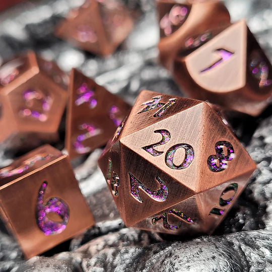 Forged Lore Antique Copper with Purple Glitter Set of 7 Metal Dice Set