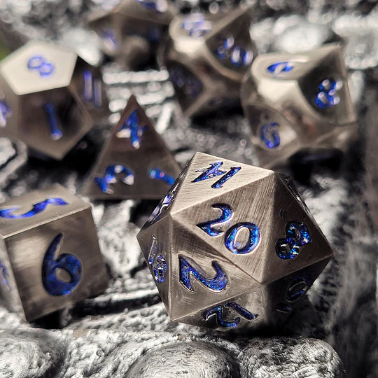 Forged Lore Antique Silver with Purple Glitter Set of 7 Metal Dice Set