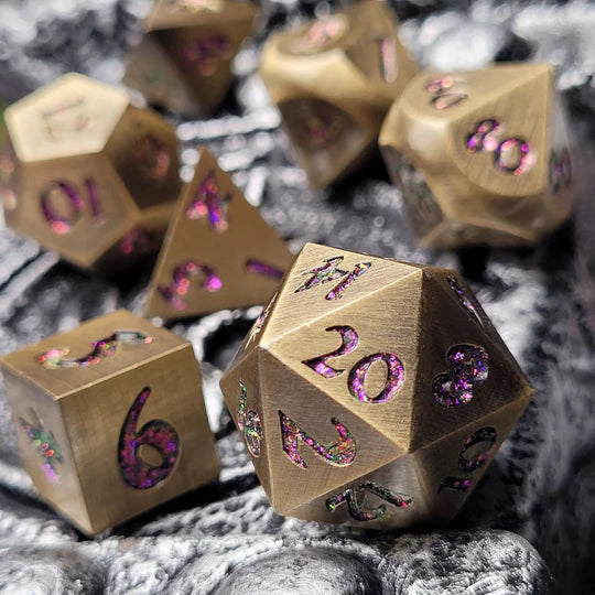 Forged Lore Brushed Brass Purple Glitter Set of 7 Metal Dice Set