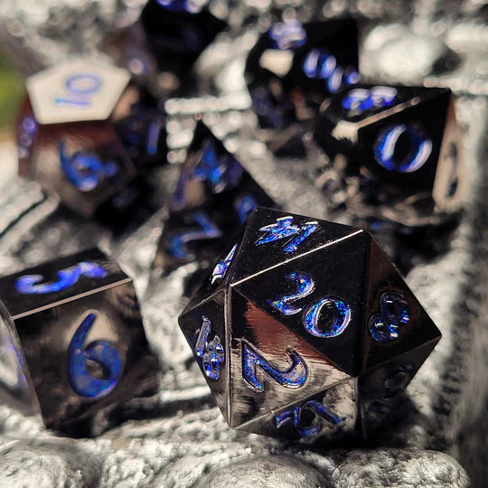 Forged Lore Gunmetal Gloss with Blue Glitter Set of 7 Metal Dice S
