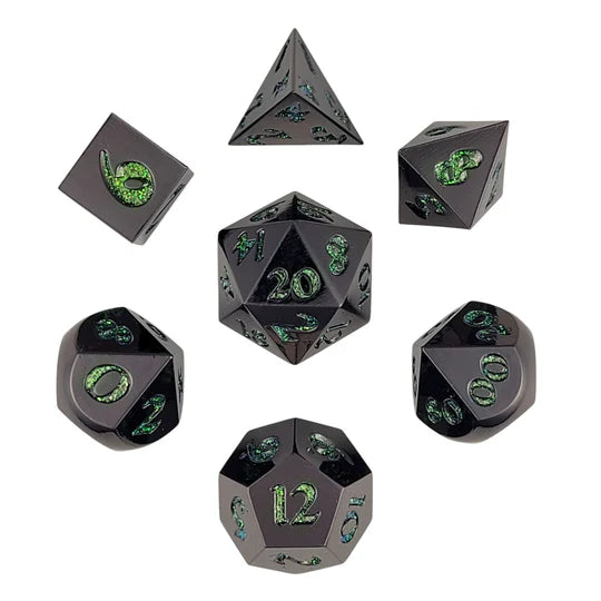 Forged Lore Gunmetal with Green Mica 7-Piece Metal Dice Set
