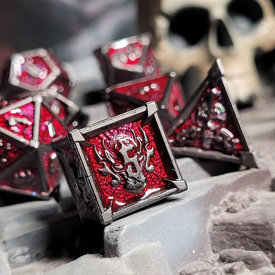 Ossuary Obscura Gunmetal Red Metal RPG Dice Set