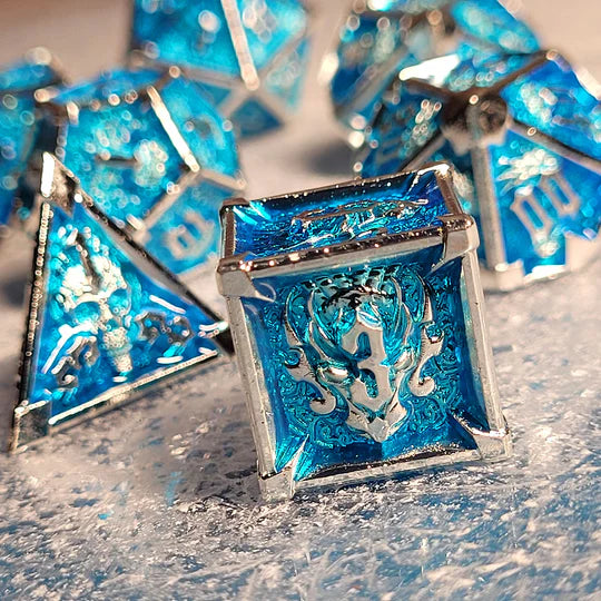 Ossuary Obscura Silver Blue Metal RPG Dice Set