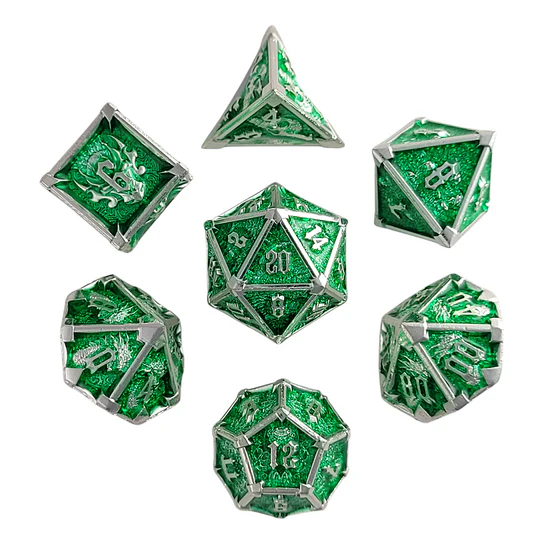 Ossuary Obscura Silver Green Metal RPG Dice Set