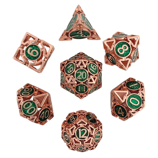 Wind's Rose Copper Green Hollow Metal RPG Dice Set