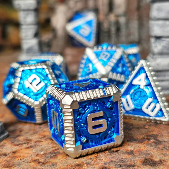 Waygate Warden Silver Blue Metal RPG Dice Set of 7