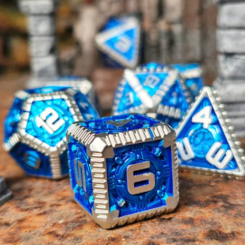 Waygate Warden Silver Blue Metal RPG Dice Set of 7